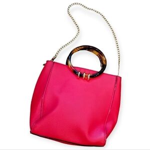 Gianni Bini Red Vegan Leather Purse Tortoise Ring Handles and Chain strap